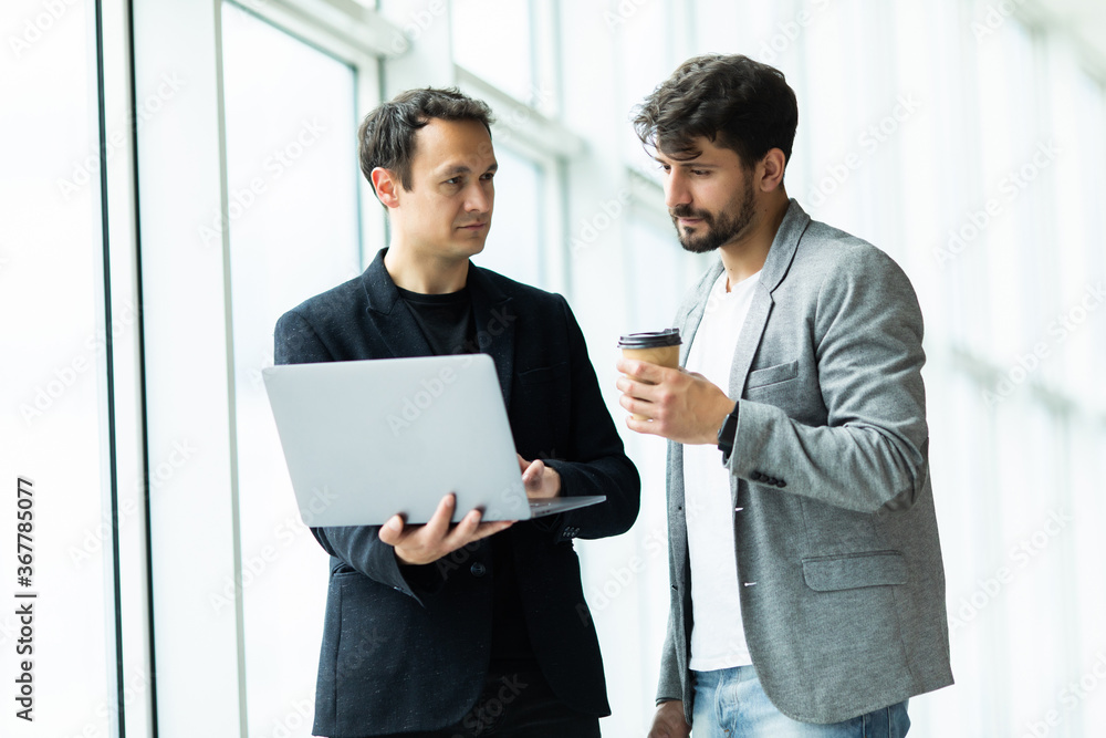 Two cheerful businessmen discussing something on the laptop in an office