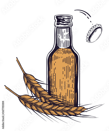 Opening beer bottle with flying off cap and wheat spikes. Hand drawn vector, engraving style