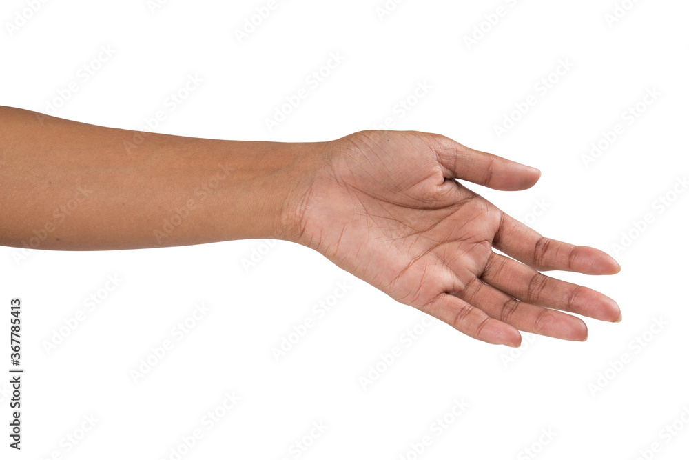 Young woman hand isolated on white background.