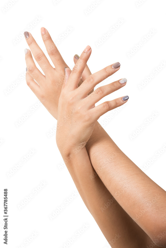 woman hands applying moisturizing cream to her skin on a white background woman hands applying moisturizing cream to her skin on a white background