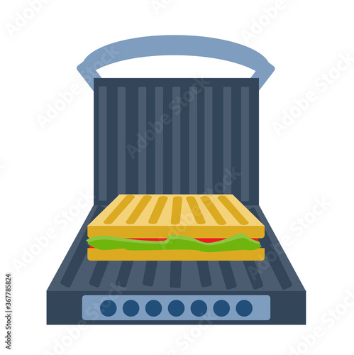 Electric grill a white background. Sandwich press  open and  with food. Equipment for the kitchen. Vector illustration in flat style. Kitchenware grill. Cartoon electric grill with sandwich photo