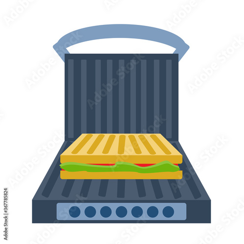 Electric grill a white background. Sandwich press  open and  with food. Equipment for the kitchen. Vector illustration in flat style. Kitchenware grill. Cartoon electric grill with sandwich