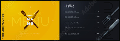 Vector menu template for restaurant and cafe. Menu cover design in black and yellow with fork and plate knife background. Modern restaurant fucking booklet brochure design