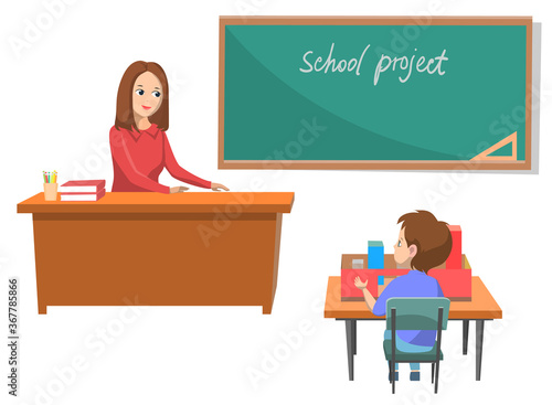 Classroom with teacher and boy vector, room with blackboard and project inscription. Tutor sitting by table asking pupil material of lesson, back to school concept. Flat cartoon