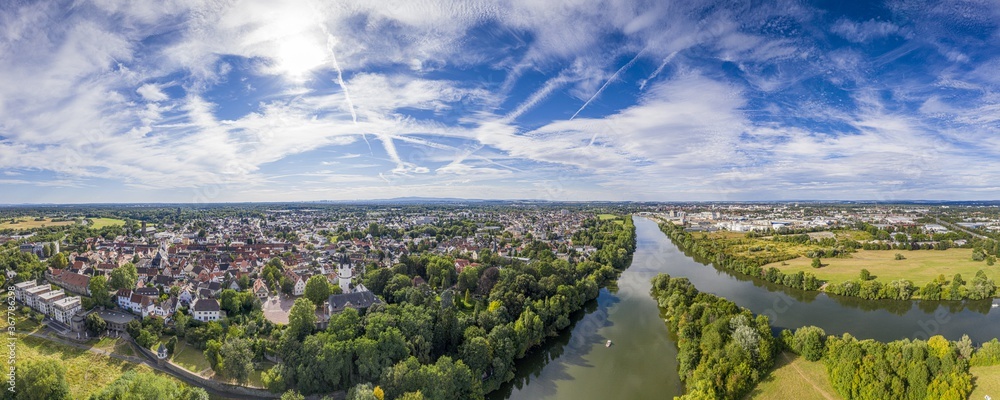 Aerial drone picture of the historical city of Steinheim near Hanau at river Main in Germany - obrazy, fototapety, plakaty 