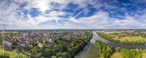 Aerial drone picture of the historical city of Steinheim near Hanau at river Main in Germany
