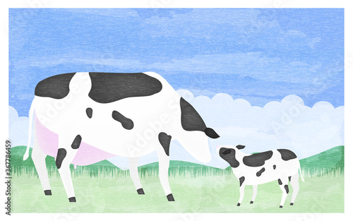 挨拶をする母牛と子牛のイラスト　夏の牧場で