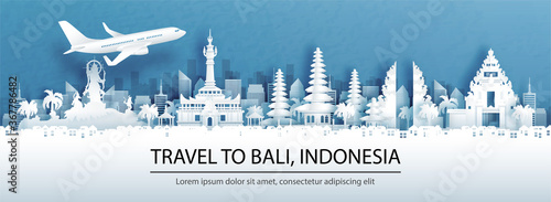 Travel advertising with travel to Denpasar, Bali. Indonesia concept with panorama view of city skyline and world famous landmarks in paper cut style vector illustration.