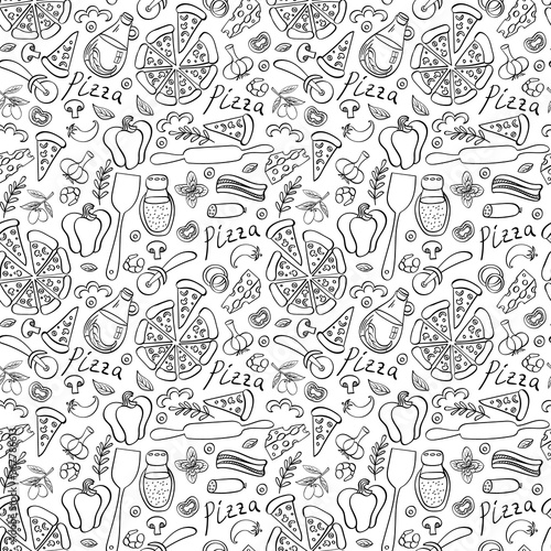 Pizza with ingredients and supplies hand drawn seamless pattern. Food doodles isolated on white background. Vector illustration.