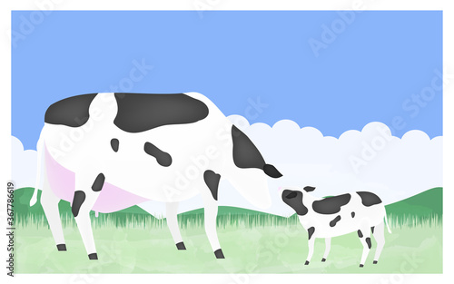 挨拶をする母牛と子牛のイラスト　夏の牧場で