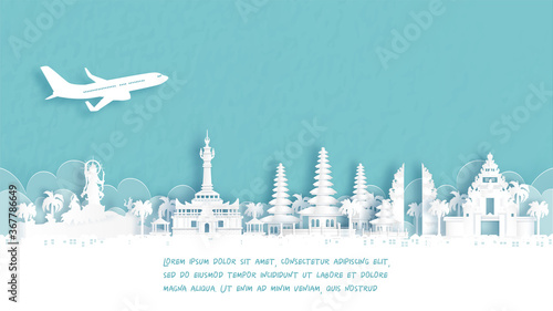 Travel poster with Welcome to Denpasar, Bali, Indonesia famous landmark in paper cut style vector illustration.