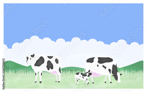 放牧される牛たちのイラスト　夏の牧場で