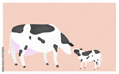 挨拶をする母牛と子牛のイラスト　ピンク背景