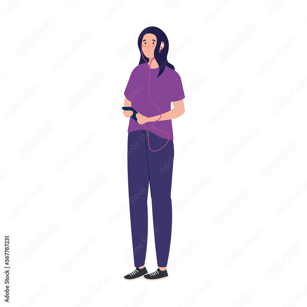 young woman using headphones and smartphone on white background young woman using headphones and smartphone on white background