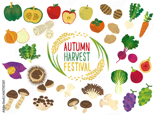 秋の収獲、野菜と果物イラスト素材