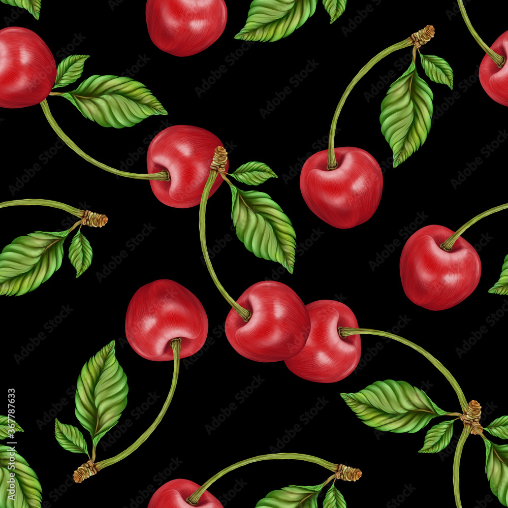 Ripe cherries with leaf on black background seamless pattern
Ripe cherries with leaf on black background seamless pattern