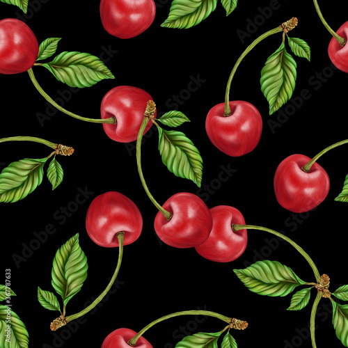 Ripe cherries with leaf on black background seamless pattern
