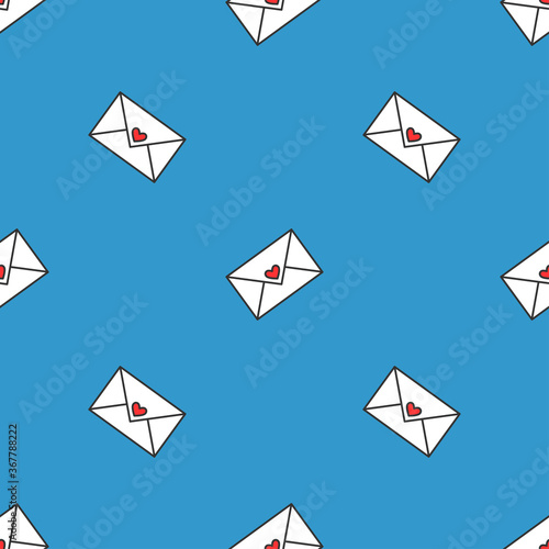 Seamless pattern with letters of love. Paper envelope decorated with a heart. Vector illustration on blue background