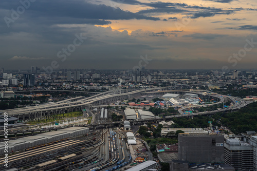 Bangkok, Thailand - Jul, 25, 2020 : Aerial view of Bang Sue central station, the new railway hub transportation building at evening.