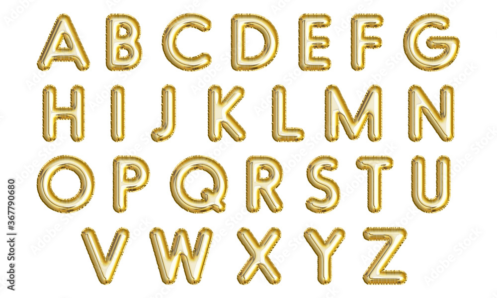 Golden inflatable balloons letters isolated on white background. Foil balloon font of English alphabet