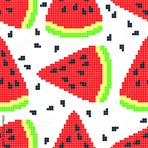 Seamless pattern with pixel watermelon, vector illustration