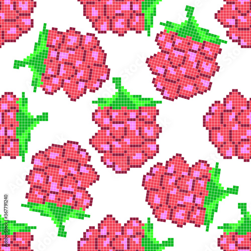Seamless pattern with pixel raspberries, vector illustration
