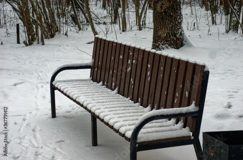 Park bench in the snow, Moscow