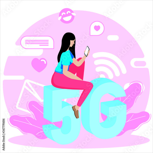 Girl and 5G technology. Woman sit, pink background 