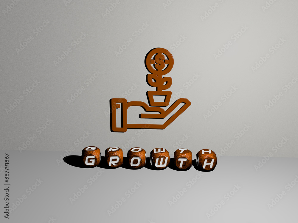 3D illustration of growth graphics and text made by metallic dice ...