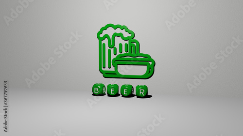 3D illustration of BEER graphics and text made by metallic dice letters for the related meanings of the concept and presentations. alcohol and background