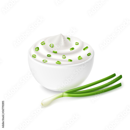 Sour cream sauce and green onion flavored, in white bowl, tartar, yogurt, mayonnaise. Tasty food.