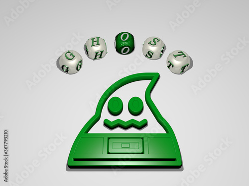 3D illustration of ghost graphics and text around the icon made by metallic dice letters for the related meanings of the concept and presentations. halloween and background photo