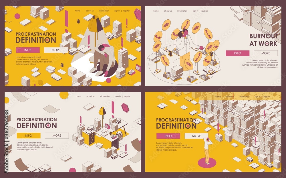 Fototapeta premium Set of outline banners or landing page templates about procrastination, deadline, burnout and lots of paperwork in yellow and beige colors. Office isometric scenes with depressed people