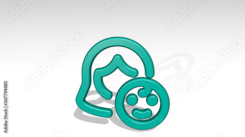 baby mother made by 3D illustration of a shiny metallic sculpture with the shadow on light background. cute and child