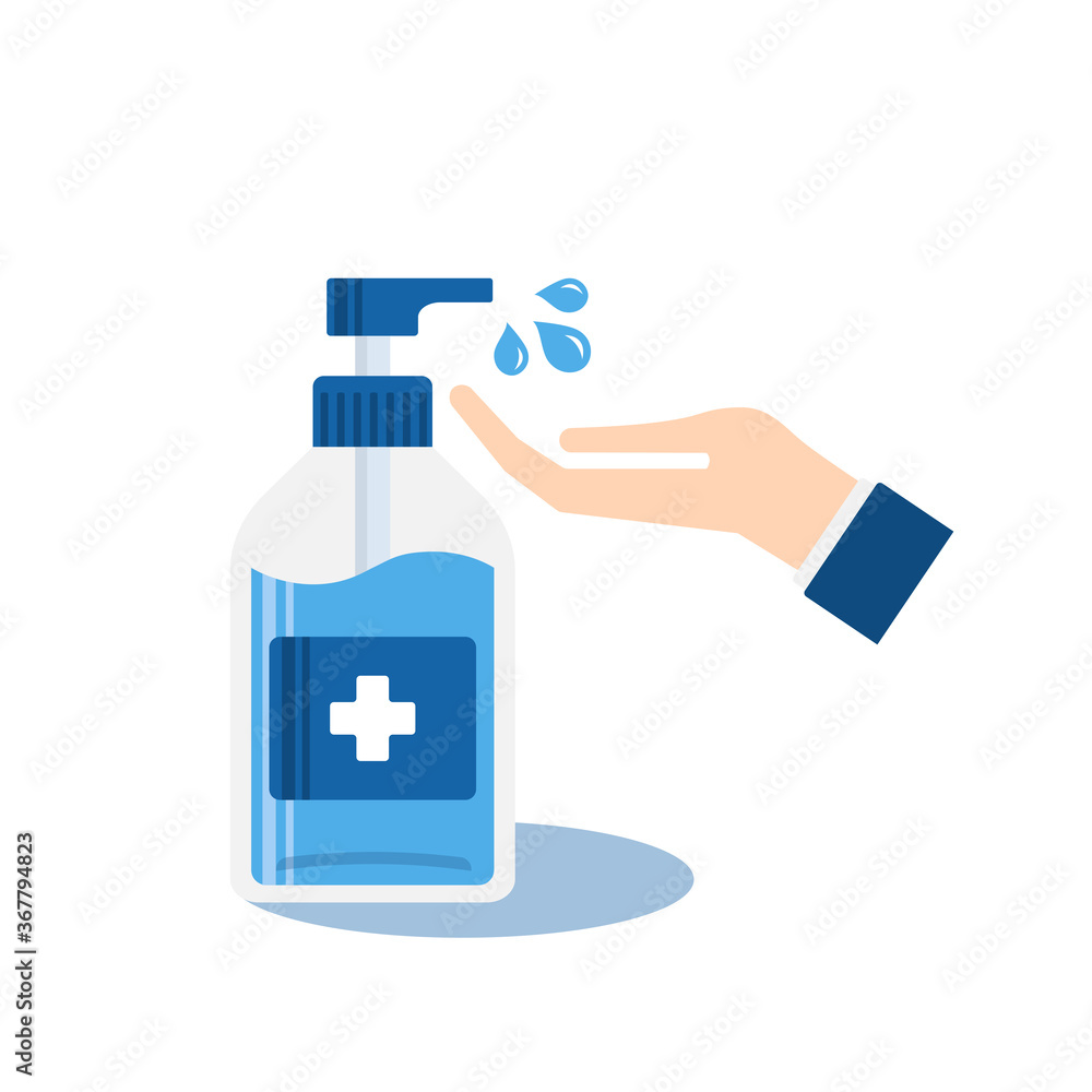 Hand sanitizer pump bottle. Flat vector of alcohol gel for hand washing to protect the virus, bacteria or pollution. Hygienic product in flat design style with disinfection concept. Hand sanitizer pump bottle. Flat vector of alcohol gel for hand washing to protect the virus, bacteria or pollution. Hygienic product in flat design style with disinfection concept.