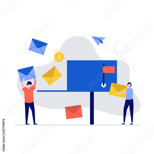 E-mail marketing vector illustration concept with characters. People standing near postbox and sending mails. Modern flat style for landing page, mobile app, web banner, infographics, hero images