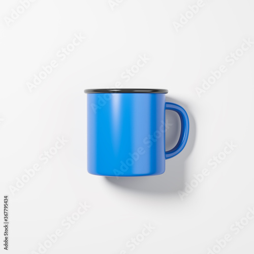 Blue blank enamel mug on the white table. Top view 3d render illustration.
