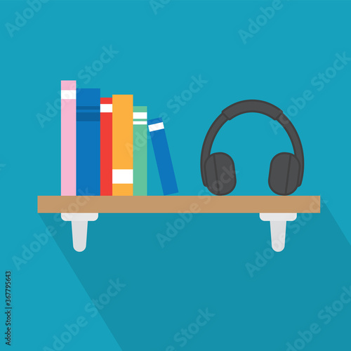 book shelf and headphones, audiobook concept icon - vector illustration