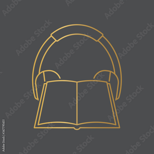 golden open book headphones, audiobook concept - vector illustration