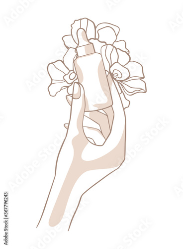 Vector linear drawing in a modern minimalist style. Smooth lines and abstract shapes. Female hand with a cosmetic product surrounded by flowers. Skincare serum, essential oil, bottle with pipette.