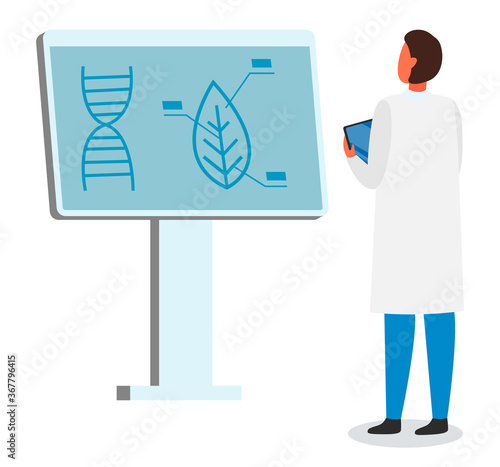 Laboratory assistant exploring new methods of plant breeding and agricultural genetic. Engineer or scientist with digital tablet looking at board with dna element and leaf. Making researches