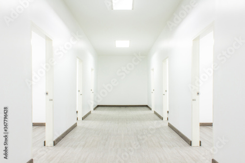 Light White Hall Room With Doors and Wood Floor