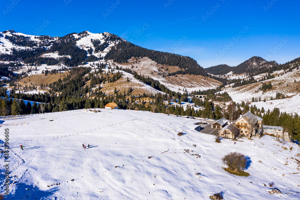Germany, Mangfall Mountains, Upper Bavaria, Bayrischzell region, Oberaudorf, Sudelfeld, ski resort, aerial view
