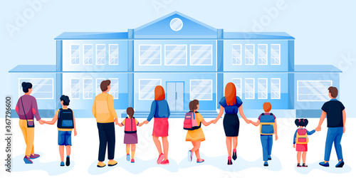 Back to school concept. Parents walk with their children by the hand to school, back view. Vector illustration