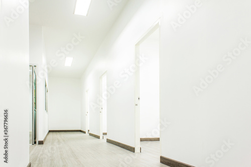 Light White Hall Room With Doors and Wood Floor