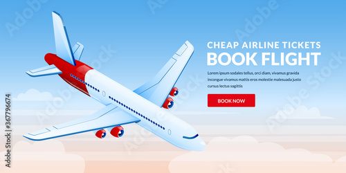 Air travel, plane tickets booking banner design template. Airplane flies in blue sky vector 3d isometric illustration