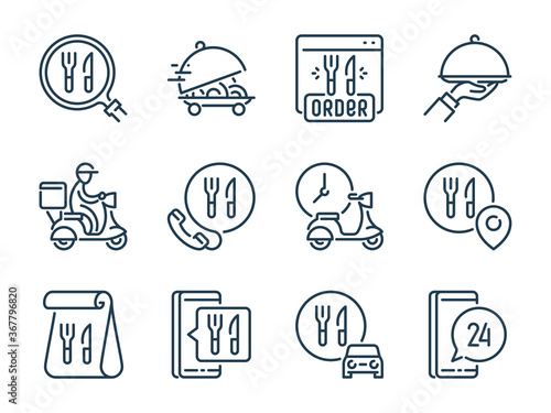 Food Delivery related vector line icon set. Online Food Order outline icons. Fast Shipping icon collection.