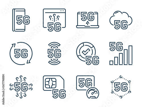 5th Generation Network related vector line icon set. 5G Technology outline icons. 5G Wireless Internet icon collection.
