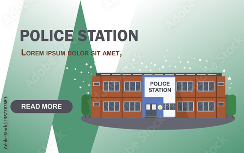 Police station illustration. Vector place website template. Modern stylish house background. 