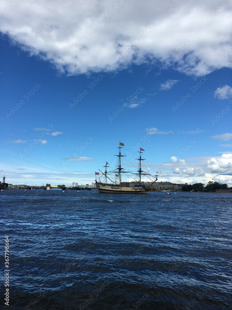 The Neva River with the sailing ship 